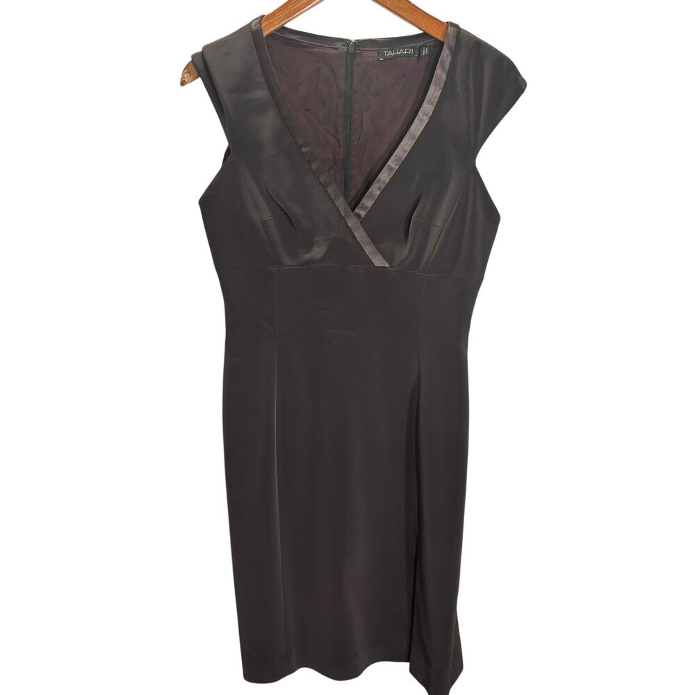 Tahari Brown Satin Sheath Dress Size 8 Sleeveless V Neck Career Midi